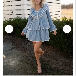 Blue Striped Ruffle Tiered Mini Dress with Tie Neck